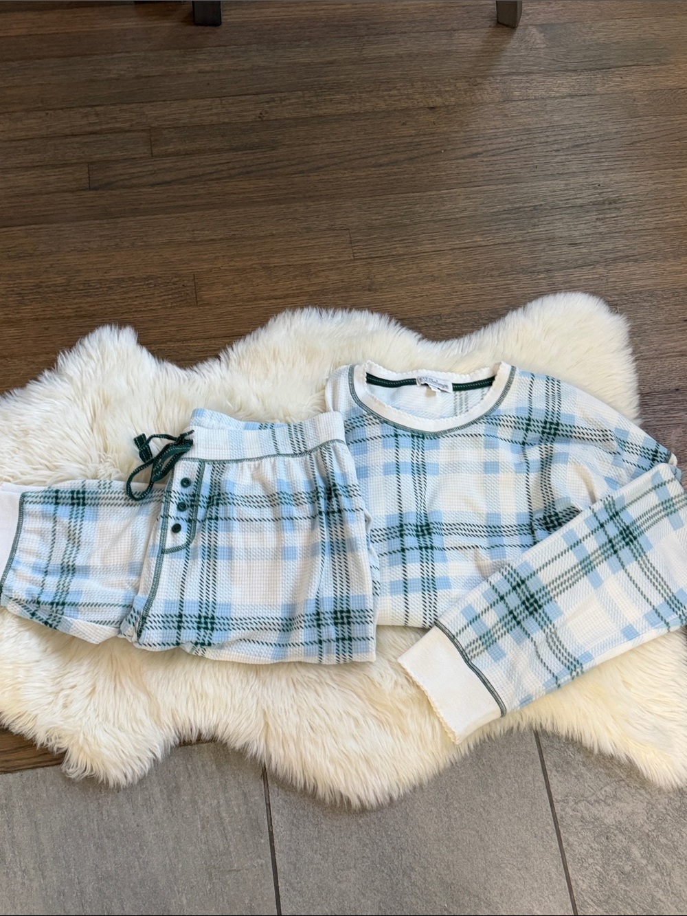 P.J. Salvage White Knit Top and pant set with Dark Green Trim